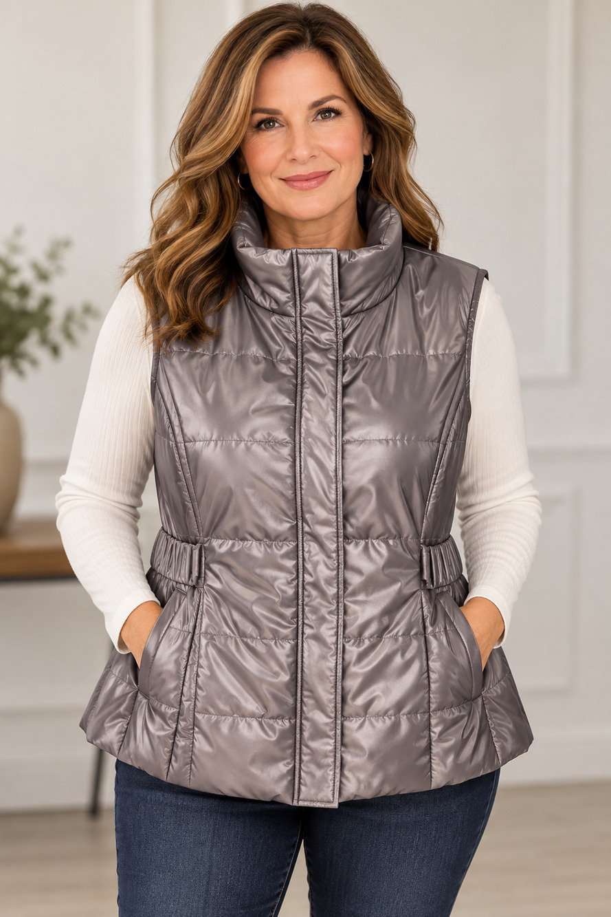 New York & Company Womens XL Metallic Silver Gray Quilted Puffer Vest Zip Up
